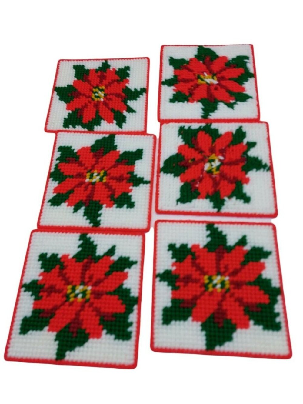 Handcrafted Yarn Plastic Canvas white red Poinsettia Christmas 6 Coasters 5"